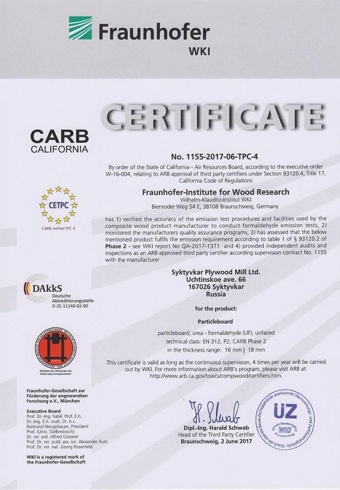 The first Syktyvkar plywood mill LTD certificate of conformity to requirements of CARB for PB/MFC